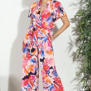 Veronica M Pink and Blue Floral Jumpsuit with Flutter Sleeves